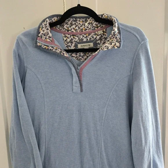 Orvis Womens Signature Floral Trim Quarter Zip Sweatshirt Blue, Size Med, Ribbed - Picture 3 of 13